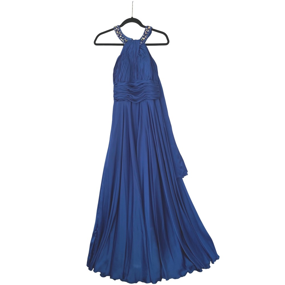 Dancing Queen Gown Womens S Blue Beaded Halter Ruched Maxi Ball Gown Dress - Picture 10 of 13